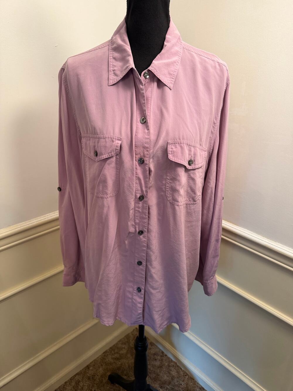 Sag Harbor 100% Silk Button Down Shirt Pockets Utility Lagenlook Quiet Luxury